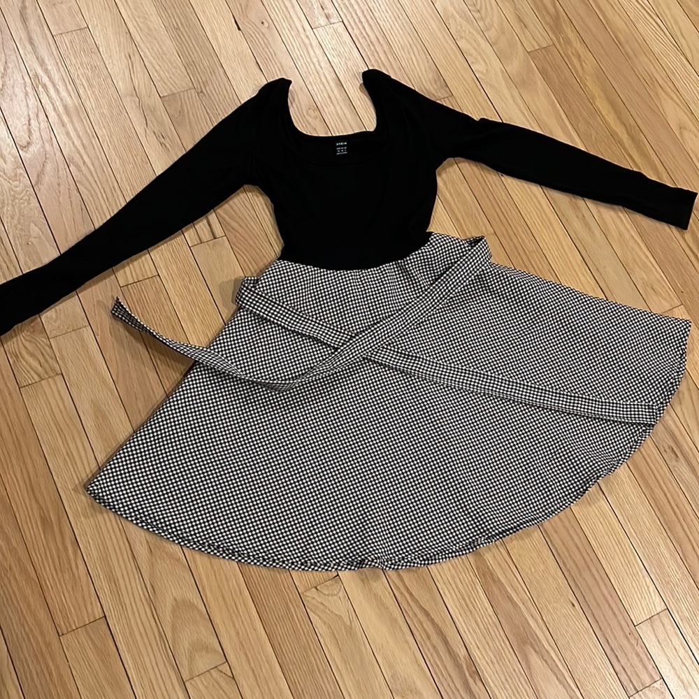 Shein long sleeve dress with blacks formed too and belled out gingham skirt!